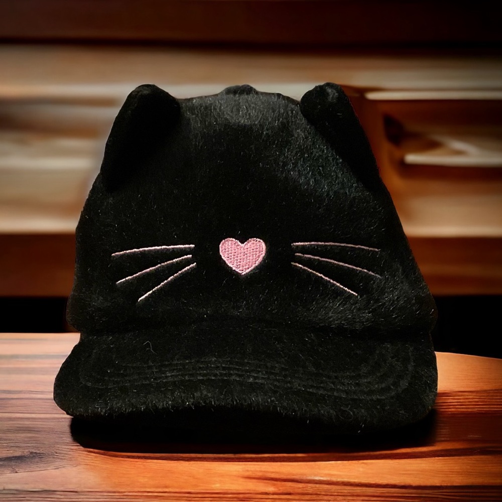 Adorable Kitty With Pink Heart&Whiskers & Black Furry Cat Ears Adjustable Cap!